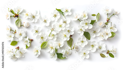 cherry flowers isolated on white background. Top view. Flat lay
