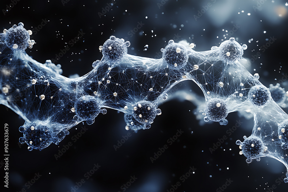 A digital DNA helix made of glowing particles, set against a dark background with bokeh light effects. The image highlights genetic structure and molecular biology