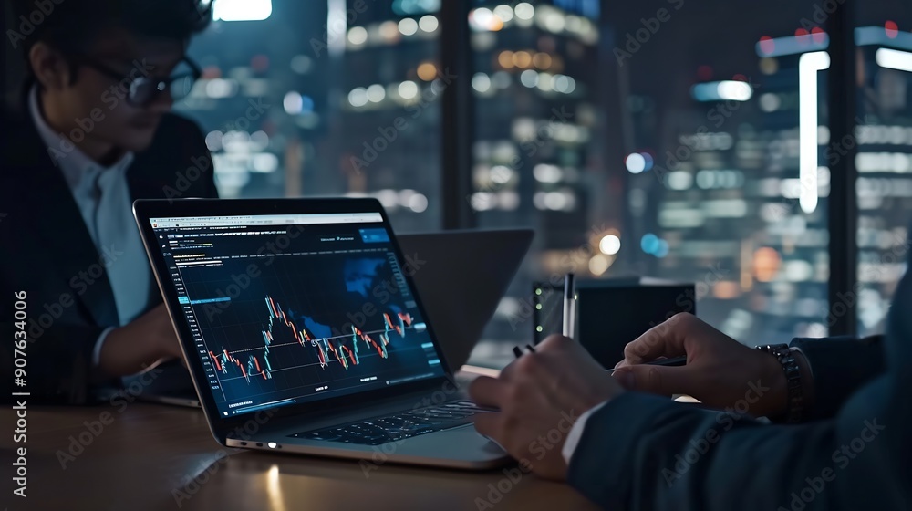Research laptop and business people in office at night with stock market charts for corporate investment Discussion computer and financial advisors working on company profit report wit : Generative AI Research laptop and business people in office at night with stock market charts for corporate investment Discussion computer and financial advisors working on company profit report wit : Generative AI