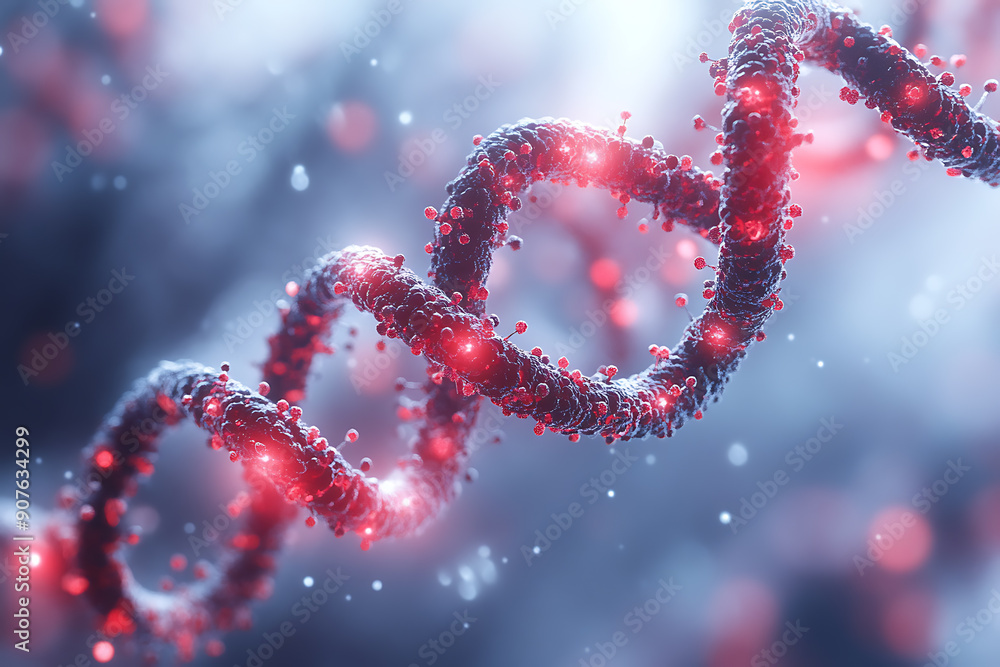 A digital DNA helix made of glowing particles, set against a dark background with bokeh light effects. The image highlights genetic structure and molecular biology A digital DNA helix made of glowing particles, set against a dark background with bokeh light effects. The image highlights genetic structure and molecular biology