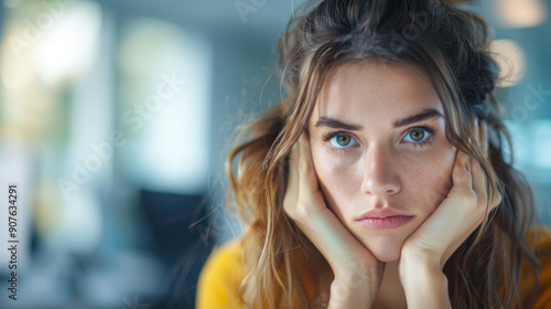 A young woman with a serious expression, resting her chin on her hands, in an office environment.