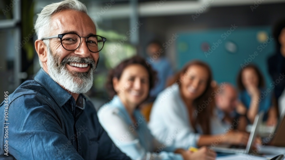A man with glasses is smiling at the camera in front of a group of people A man with glasses is smiling at the camera in front of a group of people