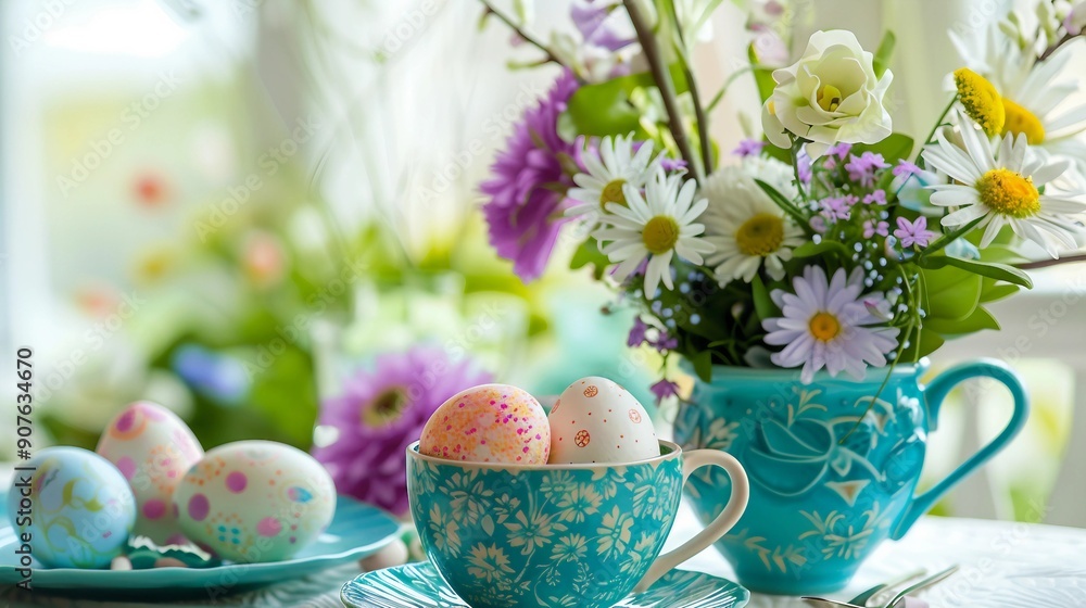 Festive Easter Breakfast Table Setting with Tea Eggs in Egg Cups, Spring Flowers in Vase, and Decorative Ornaments Festive Easter Breakfast Table Setting with Tea Eggs in Egg Cups, Spring Flowers in Vase, and Decorative Ornaments
