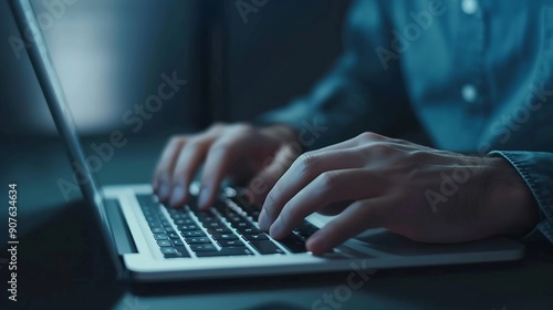 Working in the middle of the night Man sat typing away on a laptop in his office with a determined look on his face Male hand pressing on laptop keyboard : Generative AI