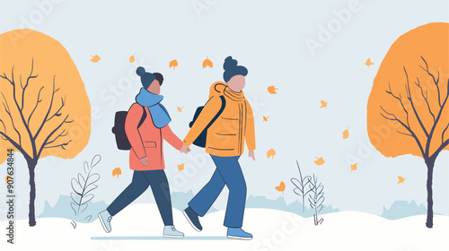Two people hold hands walk through park chilly autumn day, wearing warm jackets, backpacks, scarves, surrounded trees orange leaves falling, young couple takes stroll through scenic autumn