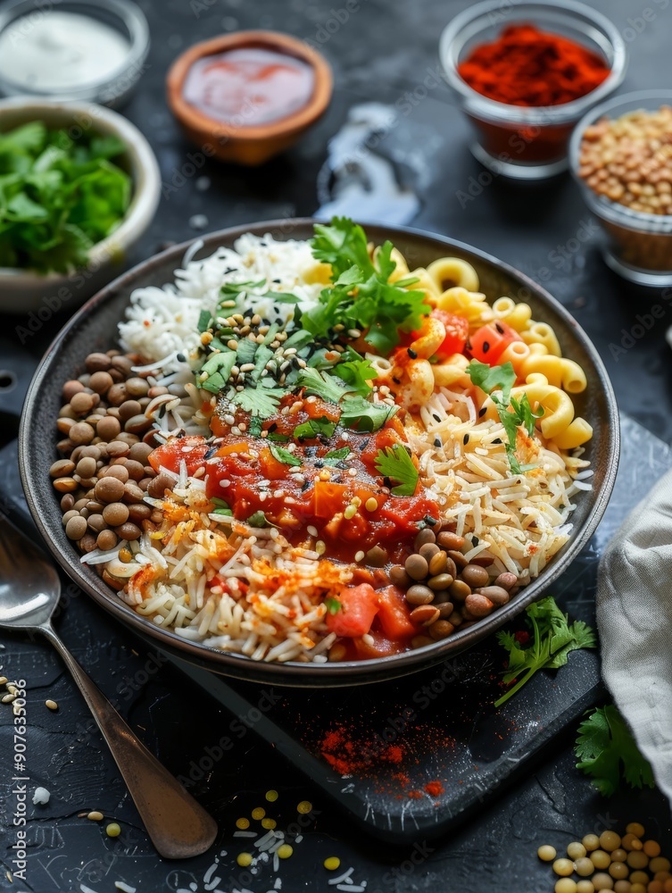 Traditional Egyptian Koshari in a bowl, a hearty mix of rice, macaroni, and lentils, topped with a tangy tomato sauce. Traditional Egyptian Koshari in a bowl, a hearty mix of rice, macaroni, and lentils, topped with a tangy tomato sauce.