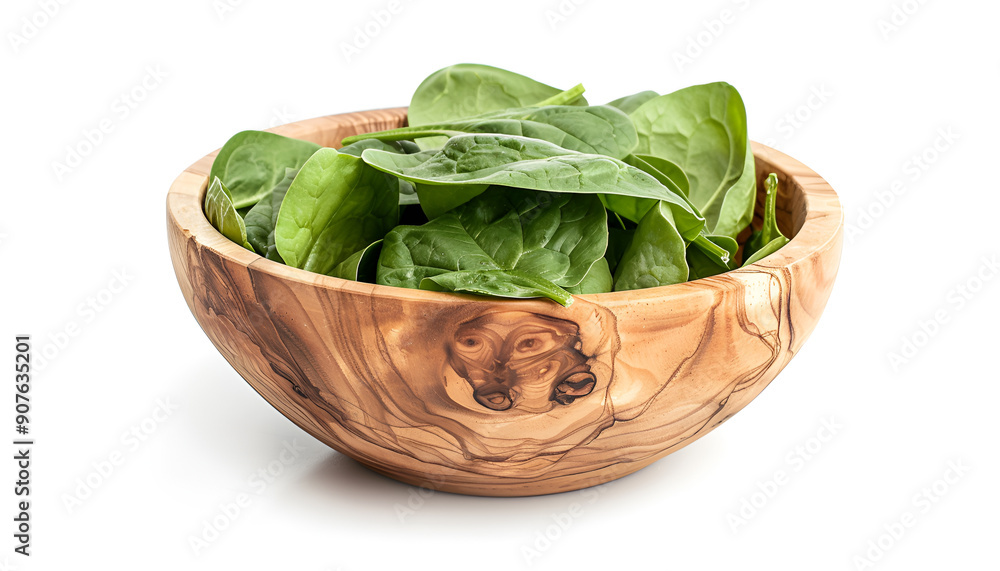 Fresh spinach leaves in wooden bowl isolated on white background Fresh spinach leaves in wooden bowl isolated on white background
