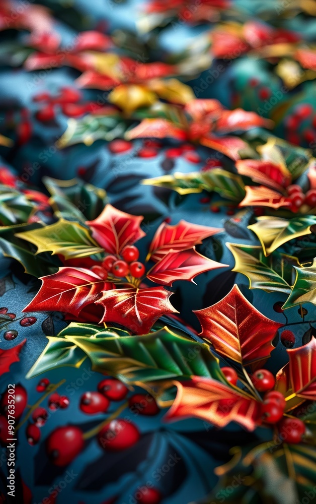 A vibrant holiday pattern featuring holly leaves and berries on a rich blue background, perfect for festive decorations. A vibrant holiday pattern featuring holly leaves and berries on a rich blue background, perfect for festive decorations.
