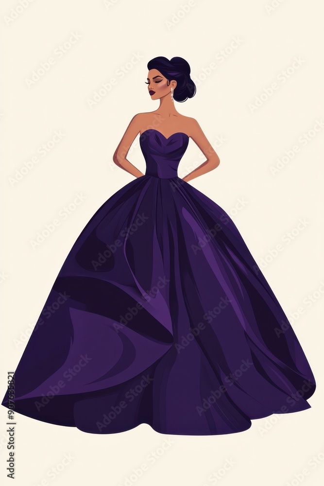 Minimalism illustration, a Latina woman, wearing a voluminous ball gown in royal purple with a fitted bodice, standing with arms slightly extended, high fashion, flat illustration on soft ivory Minimalism illustration, a Latina woman, wearing a voluminous ball gown in royal purple with a fitted bodice, standing with arms slightly extended, high fashion, flat illustration on soft ivory