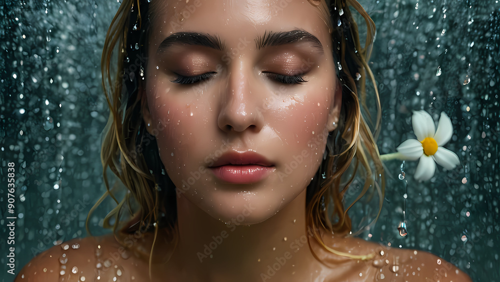 Woman with flower in hair standing in the rain Woman with flower in hair standing in the rain