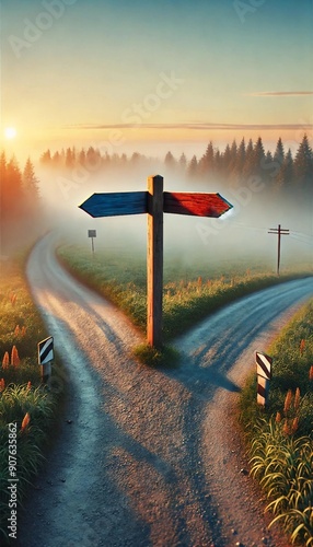 Fork in the Road with Directional Signs at Sunrise