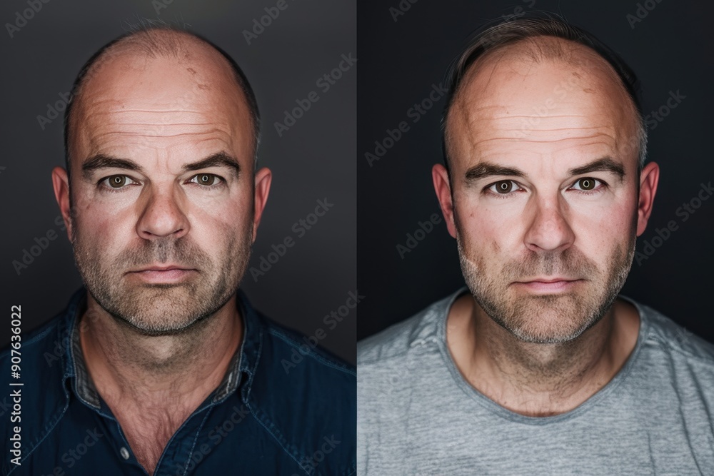 Two men with shaved heads, one with a beard and the other without Two men with shaved heads, one with a beard and the other without