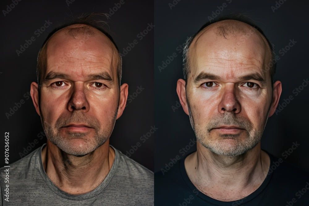 Two men with shaved heads, one with a beard and the other without Two men with shaved heads, one with a beard and the other without