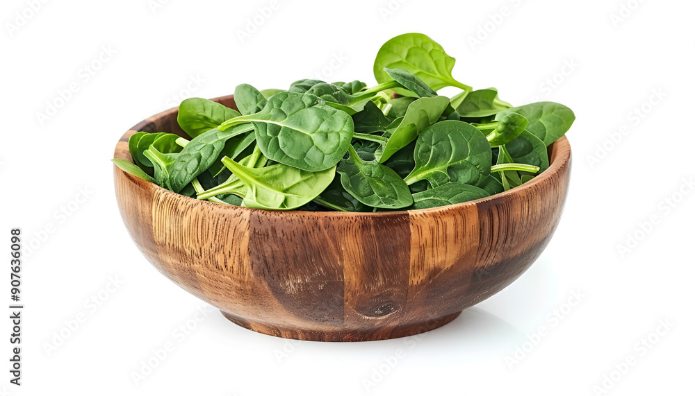 Fresh spinach leaves in wooden bowl isolated on white background Fresh spinach leaves in wooden bowl isolated on white background