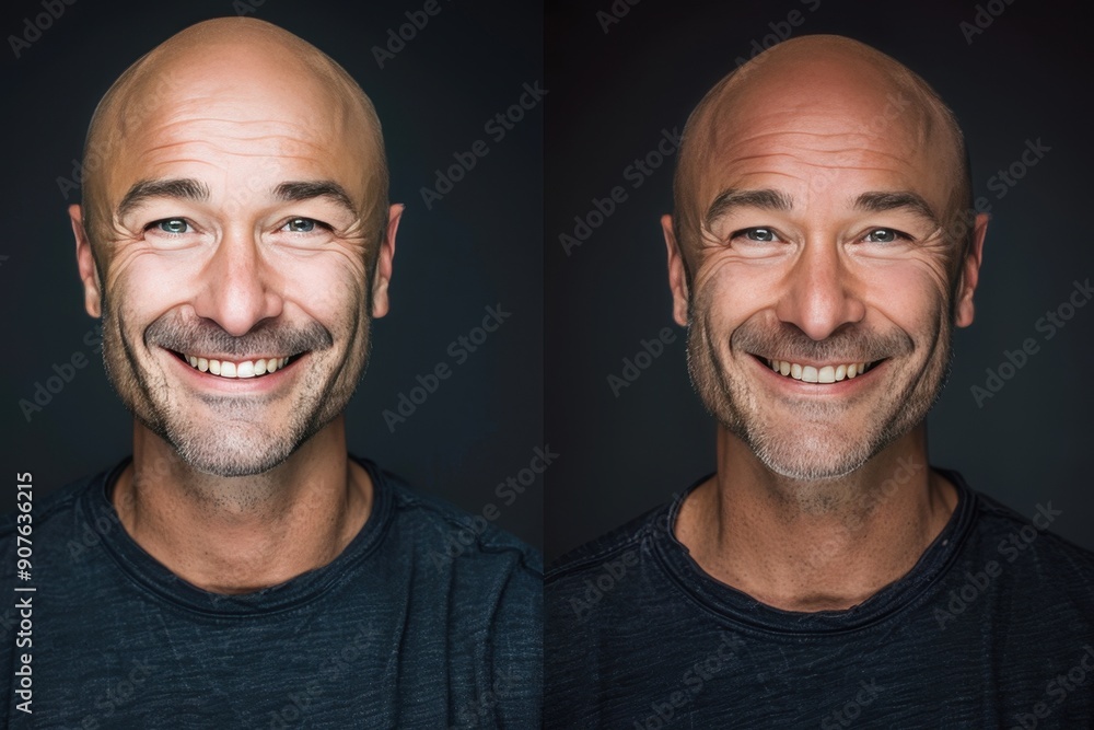 Two men with shaved heads, one with a beard and the other without Two men with shaved heads, one with a beard and the other without