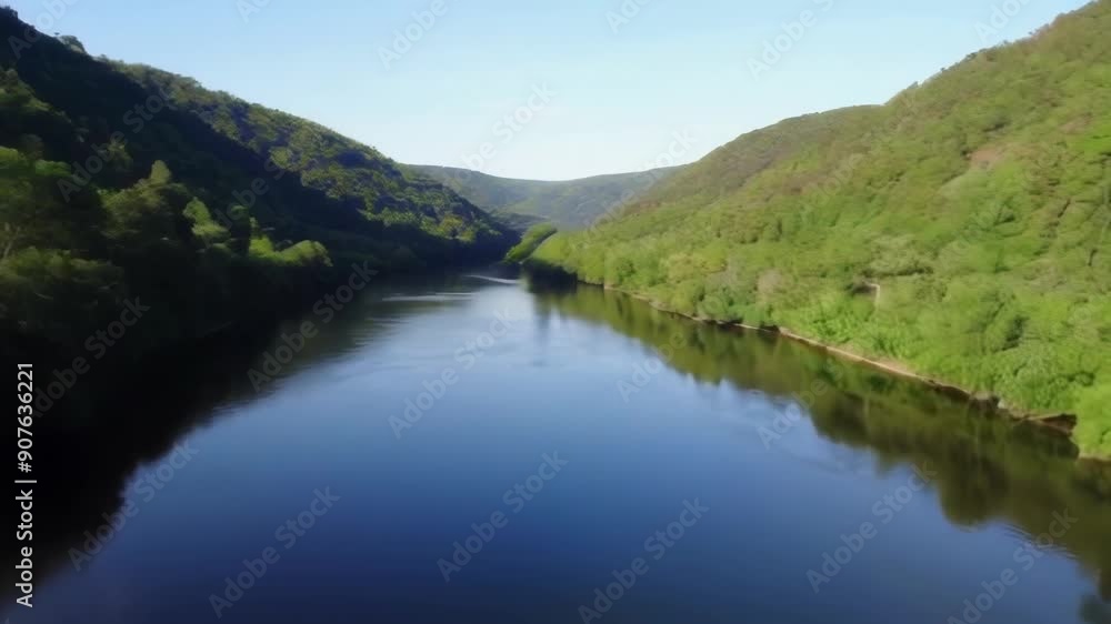 A tranquil river flows through green mountains, reflecting blue skies, showcasing nature's beauty and serene outdoor atmosphere A tranquil river flows through green mountains, reflecting blue skies, showcasing nature's beauty and serene outdoor atmosphere