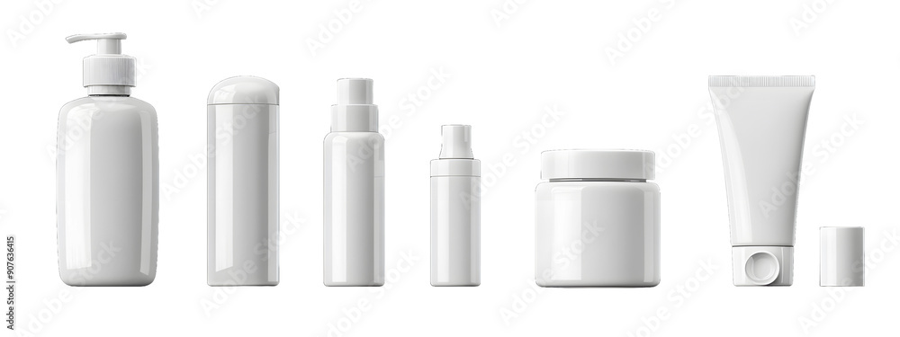 A set of different white cosmetic bottles and jars isolated on transparent background A set of different white cosmetic bottles and jars isolated on transparent background