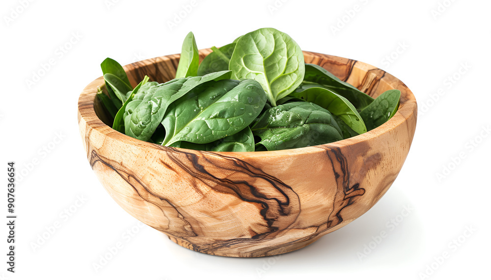 Fresh spinach leaves in wooden bowl isolated on white background Fresh spinach leaves in wooden bowl isolated on white background