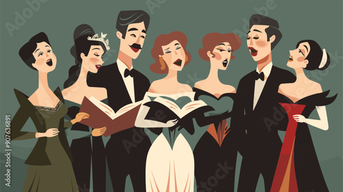 Elegant group concert opera singers performing harmoniously formal attire, three men five women, luxurious gowns, tuxedos. Diverse opera choir ensemble practicing classical music, holding songbooks
