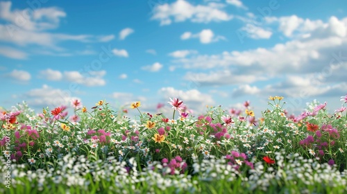 Easter Eggs, Bunny, and Spring Flowers in Meadow - Vibrant Spring Background with Copy Space for Easter Concept