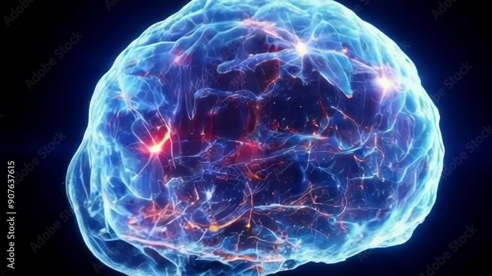 A dynamic visual exploration of a glowing brain, showcasing energy and technology through vibrant particle effects A dynamic visual exploration of a glowing brain, showcasing energy and technology through vibrant particle effects
