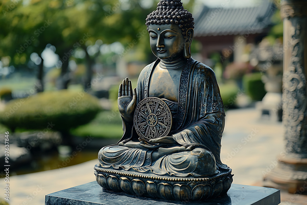 Buddha statues with the Dharma Wheel symbolize the Buddha's teachings, the cycle of birth and rebirth, and the path to enlightenment, representing the cosmic law and order in Buddhism Buddha statues with the Dharma Wheel symbolize the Buddha's teachings, the cycle of birth and rebirth, and the path to enlightenment, representing the cosmic law and order in Buddhism