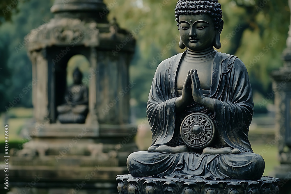 Buddha statues with the Dharma Wheel symbolize the Buddha's teachings, the cycle of birth and rebirth, and the path to enlightenment, representing the cosmic law and order in Buddhism Buddha statues with the Dharma Wheel symbolize the Buddha's teachings, the cycle of birth and rebirth, and the path to enlightenment, representing the cosmic law and order in Buddhism