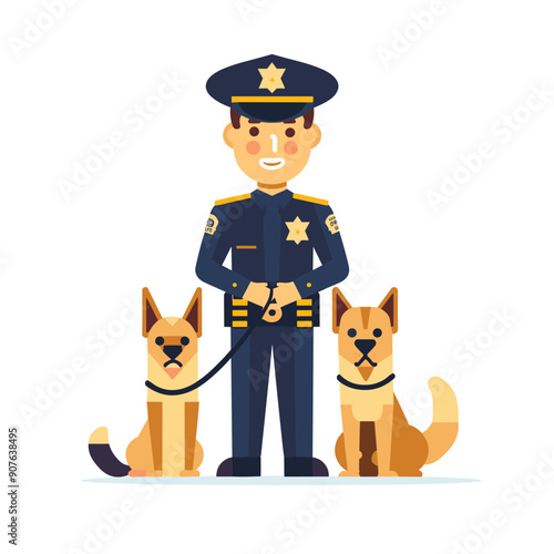 Police officer uniform standing, holding two dogs leashes. Smiling male law enforcement member, dressed dark blue attire, badge visible, accompanied two brown beige German Shepherd dogs, isolated