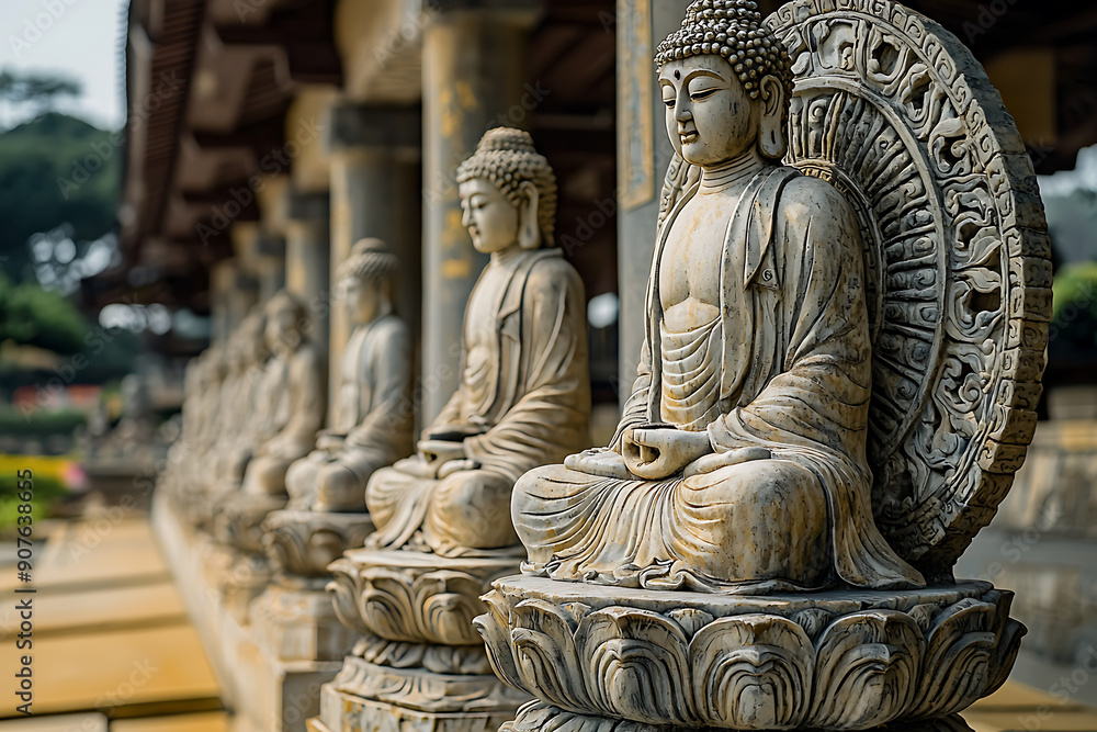 Buddha statues with the Dharma Wheel symbolize the Buddha's teachings, the cycle of birth and rebirth, and the path to enlightenment, representing the cosmic law and order in Buddhism Buddha statues with the Dharma Wheel symbolize the Buddha's teachings, the cycle of birth and rebirth, and the path to enlightenment, representing the cosmic law and order in Buddhism