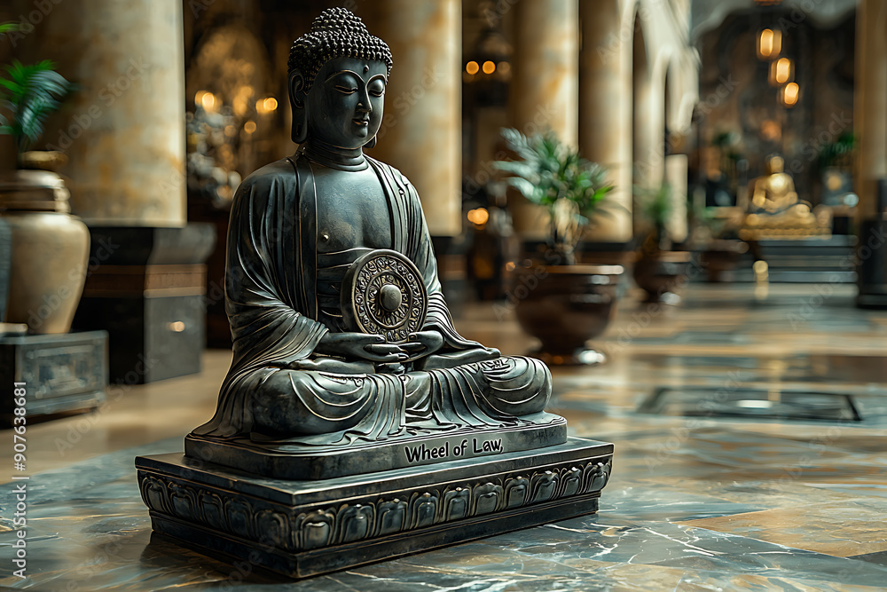 Buddha statues with the Dharma Wheel symbolize the Buddha's teachings, the cycle of birth and rebirth, and the path to enlightenment, representing the cosmic law and order in Buddhism Buddha statues with the Dharma Wheel symbolize the Buddha's teachings, the cycle of birth and rebirth, and the path to enlightenment, representing the cosmic law and order in Buddhism