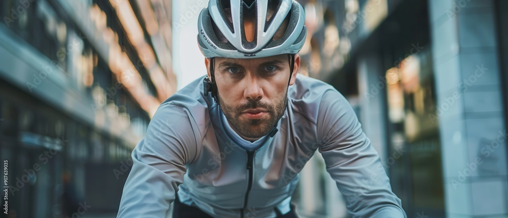 Man wearing a cycling helmet, riding a bicycle in the city. Man wearing a cycling helmet, riding a bicycle in the city.