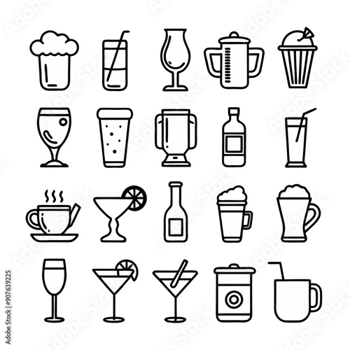juice box, water bottle, thermos, martini glass, whiskey glass, and shot glass. Ensure each icon is realistic, isolated 