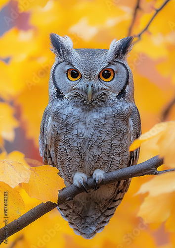 Owl perched on a branch, surrounded by vibrant autumn leaves photo