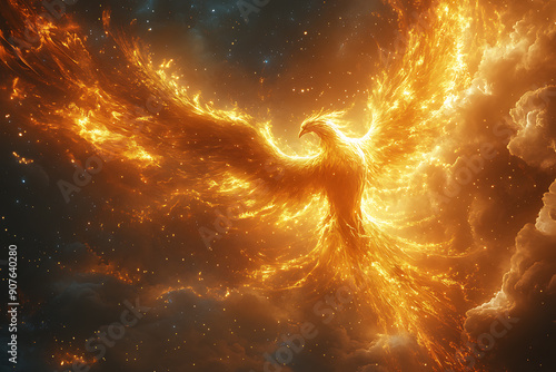 A majestic phoenix ascends with fiery wings spread wide, enveloped by a glowing ring of fire symbolizing rebirth and the eternal cycle of life. The intense flames create a dramatic, otherworldly aura	