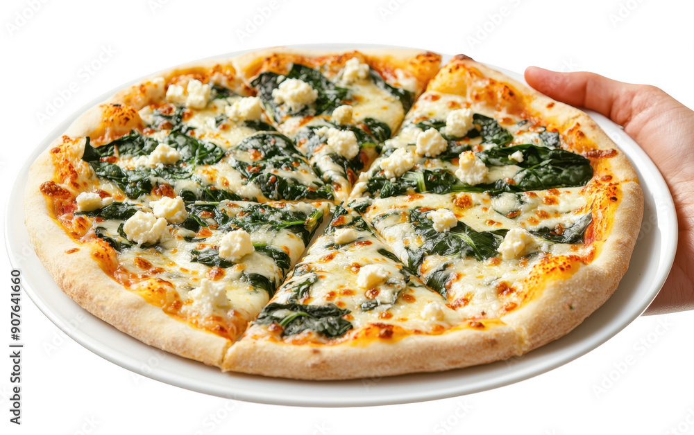Spinach and Feta Pizza on White Porcelain Plate cut out transparent isolated on white background PNG Spinach and Feta Pizza on White Porcelain Plate cut out transparent isolated on white background PNG