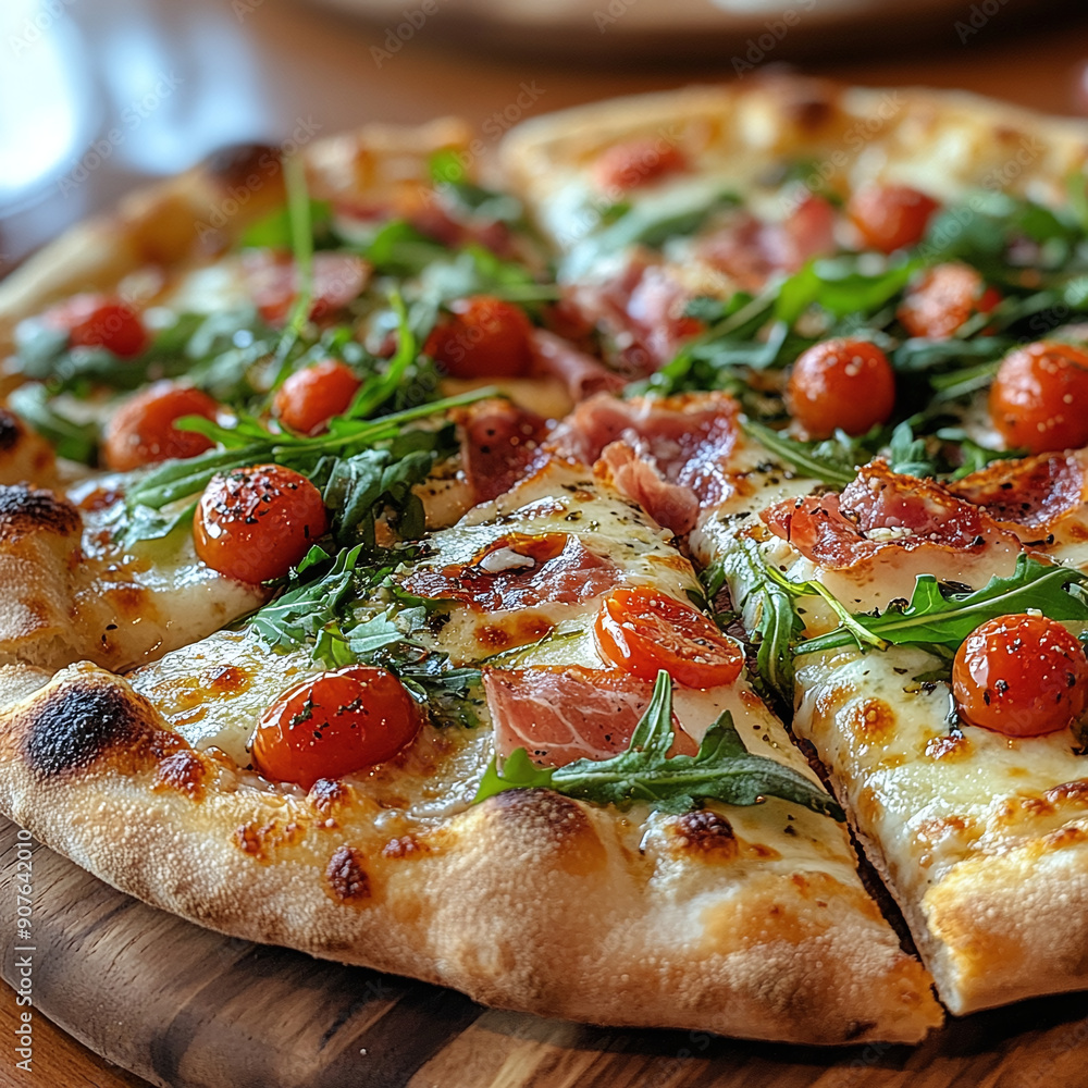 A close-up of a wood-fired pizza topped with arugula, prosciutto, and cherry tomatoes, with melted cheese oozing slightly A close-up of a wood-fired pizza topped with arugula, prosciutto, and cherry tomatoes, with melted cheese oozing slightly