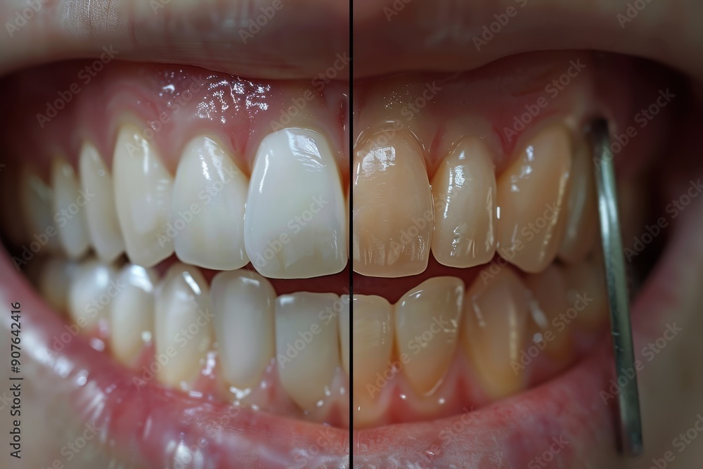 Obraz premium Two different sets of teeth, one with a white filling and the other without