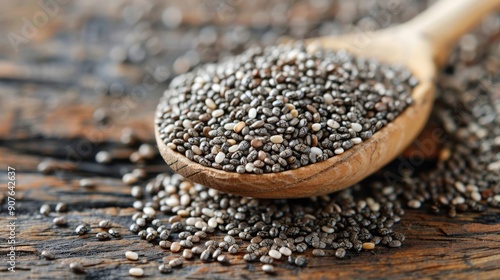 Close-Up of Healthy Chia Seeds in a Wooden Spoon