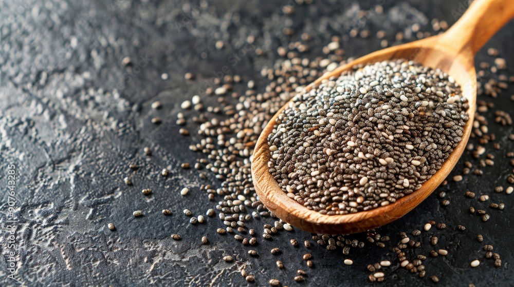 Close-Up of Healthy Chia Seeds in a Wooden Spoon Close-Up of Healthy Chia Seeds in a Wooden Spoon