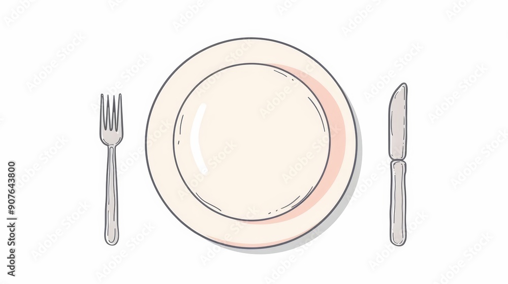 A cute cartoon Style ofA minimalist dining setting with a single plate, fork, and knife A cute cartoon Style ofA minimalist dining setting with a single plate, fork, and knife