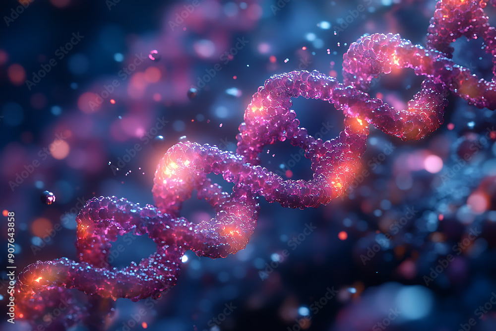Close-up of a vibrant DNA helix with colorful molecules, showcasing genetic structure and science in a microscopic view.
Close-up of a vibrant DNA helix with colorful molecules, showcasing genetic structure and science in a microscopic view.