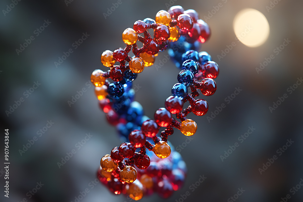Close-up of a vibrant DNA helix with colorful molecules, showcasing genetic structure and science in a microscopic view.
Close-up of a vibrant DNA helix with colorful molecules, showcasing genetic structure and science in a microscopic view.