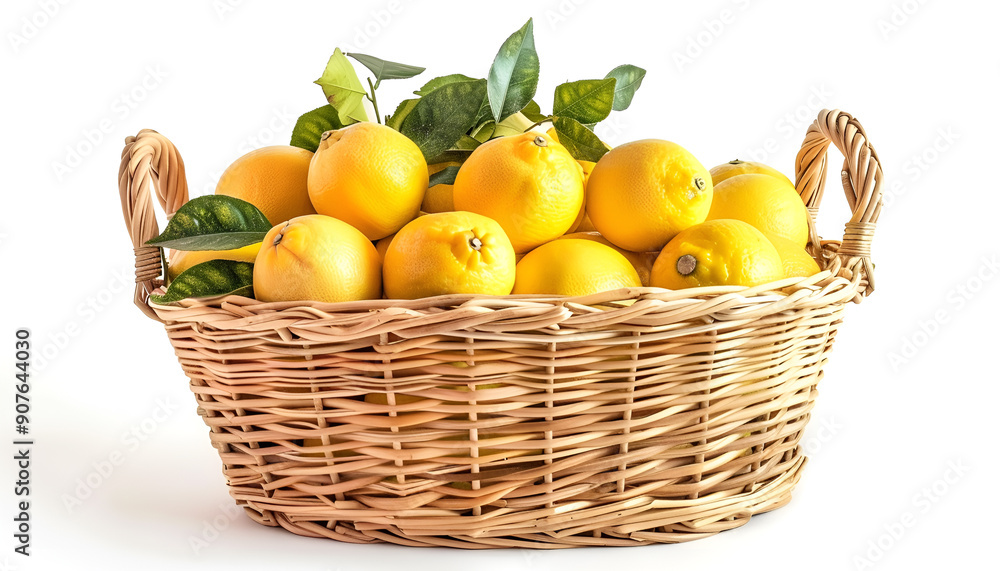 Ripe lemons in wicker basket isolated on white background Ripe lemons in wicker basket isolated on white background