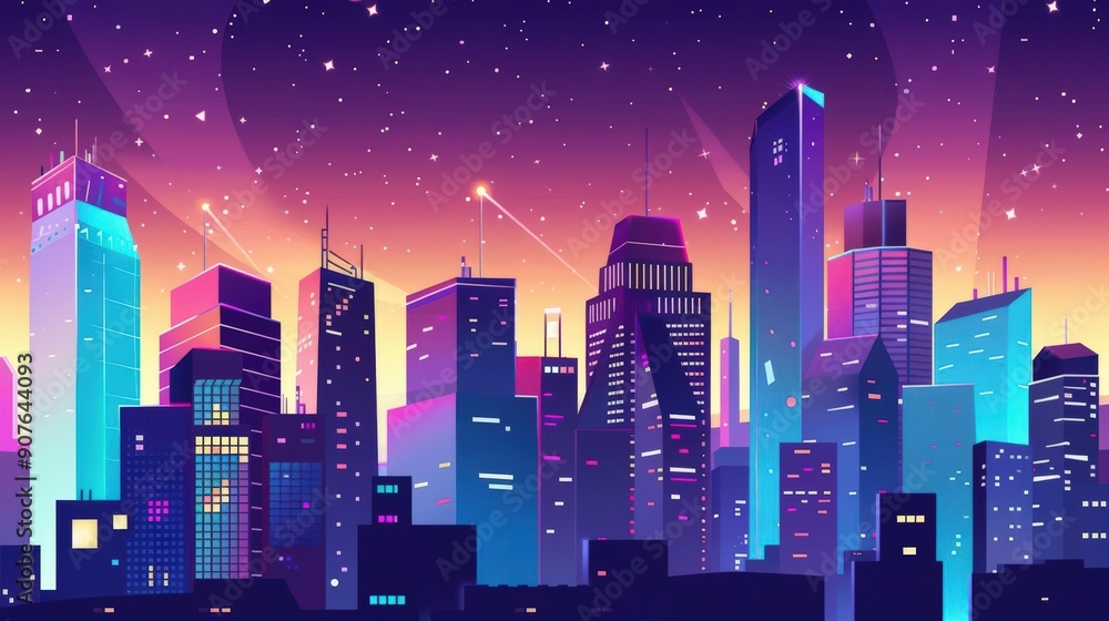 Naklejka premium A cute cartoon Style ofA dynamic night skyline of a major city with illuminated buildings and bustling streets