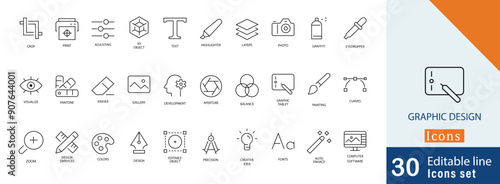 Set of 30 graphic design editable stroke icon set . containing balance, painting, curves, zoom, synthesis, color , layers, 3D, text and more editable icons