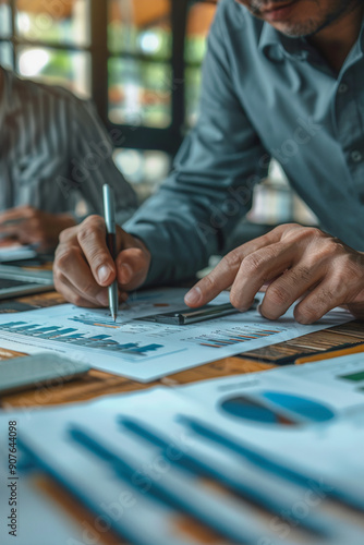 Business professional analyzing charts and graphs with a pen in a modern workspace, showcasing teamwork and data-driven decisions.