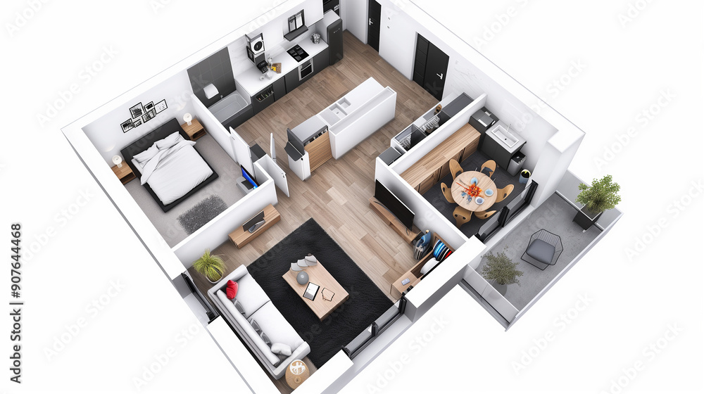 3D floor plan of a small apartment, with two bedrooms, a kitchen and a living room, in the modern style, with white walls, wooden furniture, and a black carpet on the ground. A dining table is in one 3D floor plan of a small apartment, with two bedrooms, a kitchen and a living room, in the modern style, with white walls, wooden furniture, and a black carpet on the ground. A dining table is in one