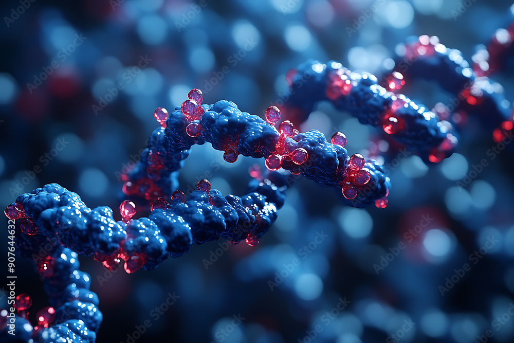 Close-up of a vibrant DNA helix with colorful molecules, showcasing genetic structure and science in a microscopic view.
Close-up of a vibrant DNA helix with colorful molecules, showcasing genetic structure and science in a microscopic view.