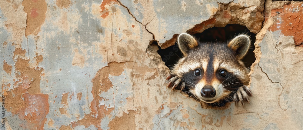 Raccoon with a surprised expression peeking through a wall.
