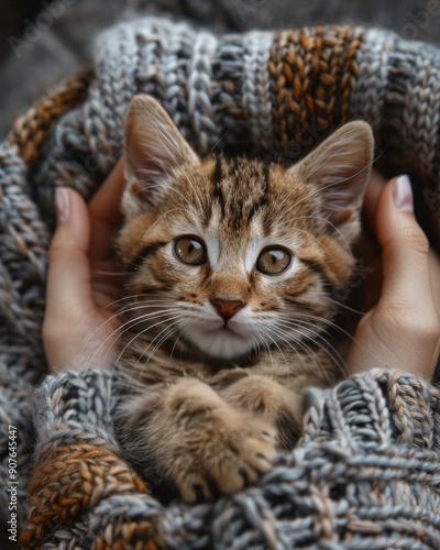 woman's hand hold adorable little cat surround by knitted sweaters. love between humans and animals. cozy moments